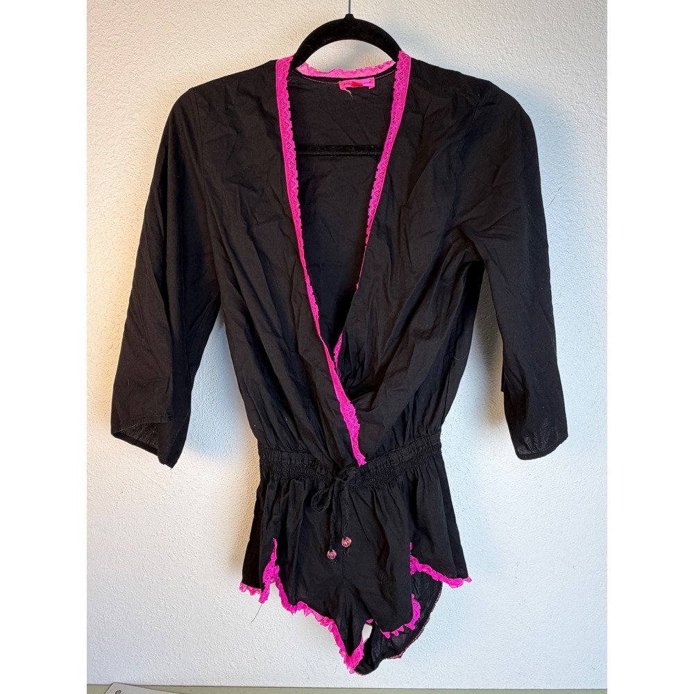 Betsey Johnson Romper S Black Pink Lace Trim Surplice V-Neck Y2K Barbiecore